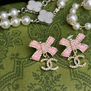 Pink and Gold Crystal Fashion Bow Earrings